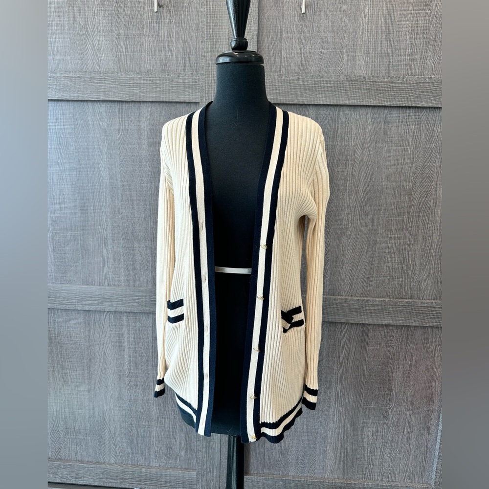 Cabi long sleeve cardigan size S, cream and navy with gold buttons